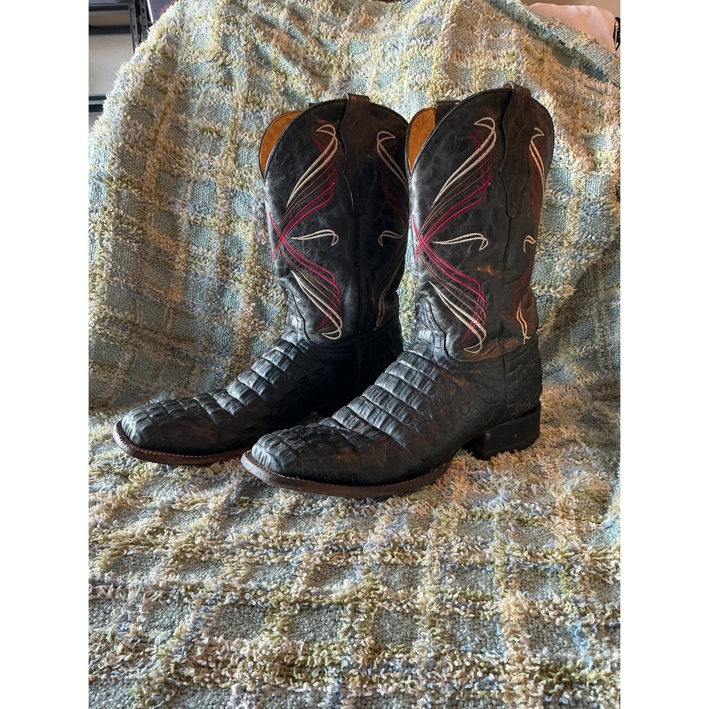Cavender Black Caiman Leather Hornback Square Toe Cowboy Boots 11D Rodeo